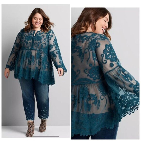Lane Bryant Size 16 Embroidered Mesh Babydoll Top Coquette Romantic Fairycore - Picture 12 of 12